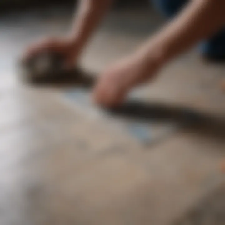 A close-up of a tile being lifted from the floor.