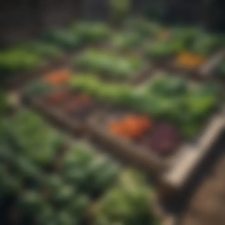 A well-organized layout of various vegetables in raised beds.