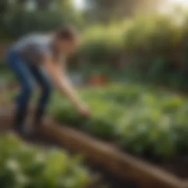 A gardener tending to a thriving raised bed garden.