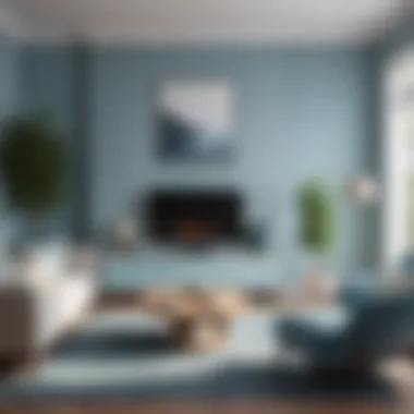 A serene living room with soft blue tones