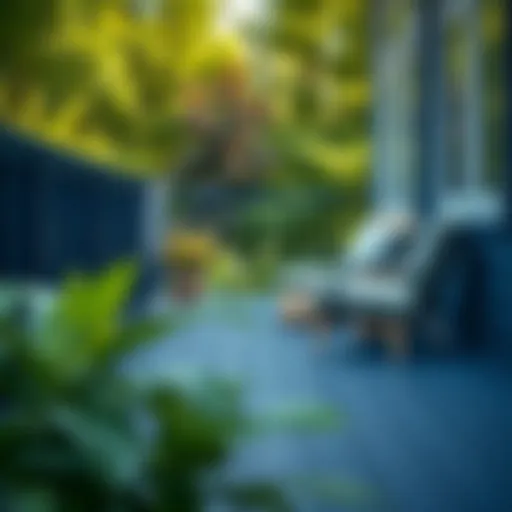 Navy Blue Deck Amidst Nature Elegant navy blue deck contrasting with lush greenery