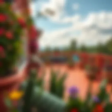 Vibrant coral deck surrounded by colorful planters