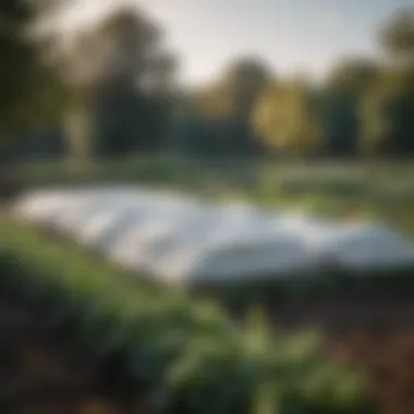 Row covers being applied over vegetable beds to shield from frost