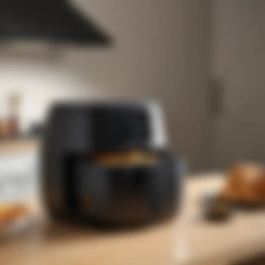 A stylish air fryer on a kitchen counter, showcasing its sleek design.
