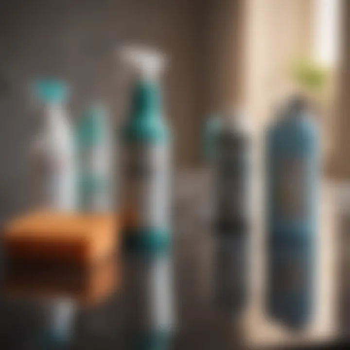 A variety of cleaning supplies laid out for paint stain removal