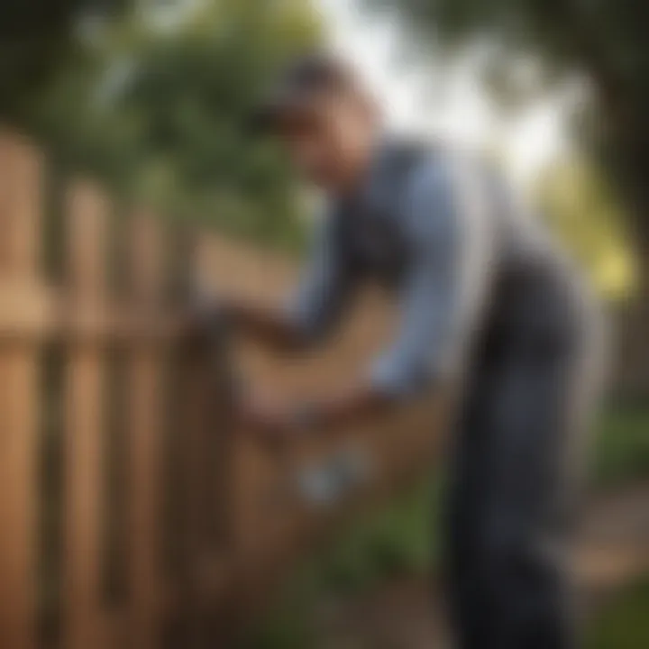 A homeowner demonstrating the repair technique for a leaning fence