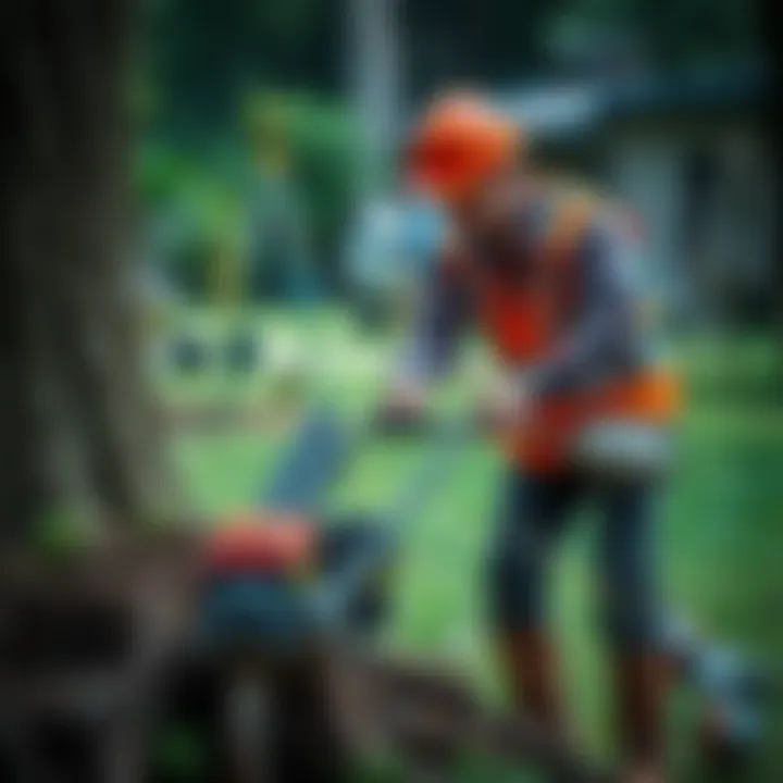 A professional demonstrating safety measures while using a root cutter