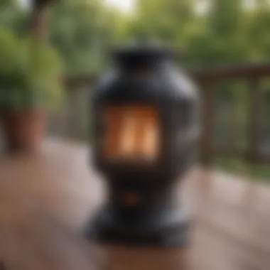 A classic propane outdoor heater providing warmth on a cozy covered deck