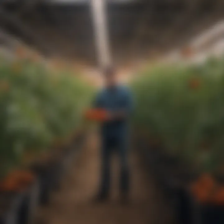 A gardener examining different tomato varieties in a nursery