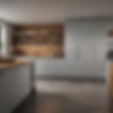 A cozy kitchen featuring light gray cabinetry paired with warm wood tones