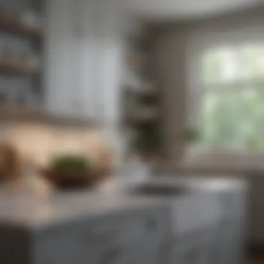 A serene kitchen showcasing soft gray cabinets with contrasting white countertops