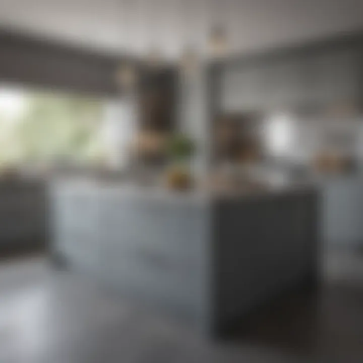 A stylish kitchen island adorned with a striking gray color palette and artistic decor