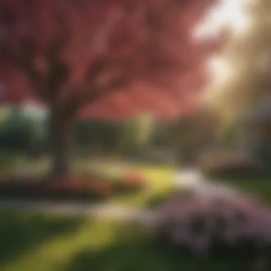 A serene front yard featuring flowering trees in bloom