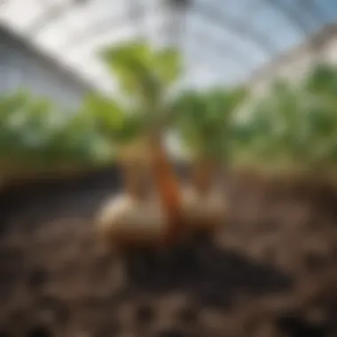 A close-up view of root vegetables growing in nutrient-rich soil within a greenhouse