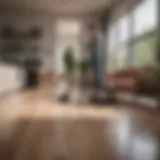 A sleek self-working vacuum navigating through a modern living room