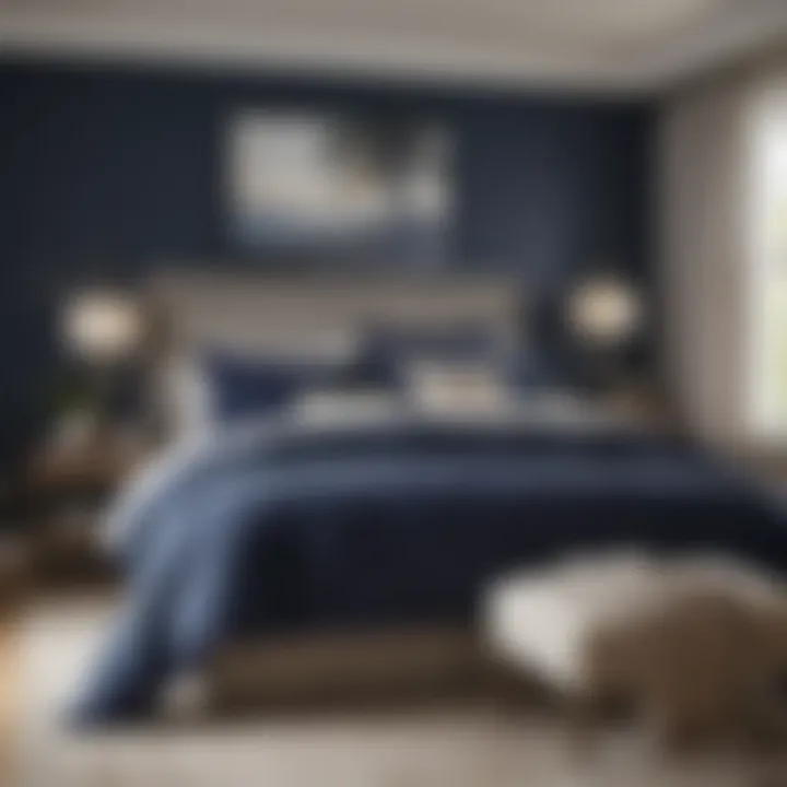 A serene bedroom featuring navy blue coastal bedding against light-colored walls.