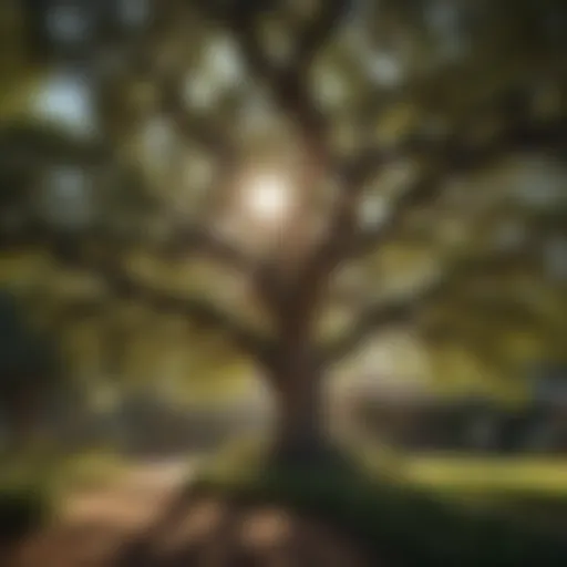 Majestic oak tree providing shade in a sunny Californian backyard