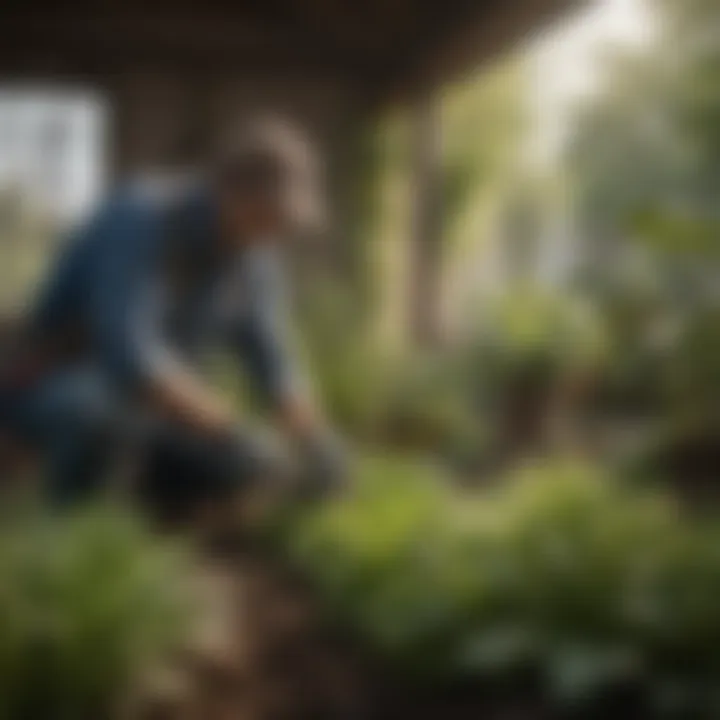 A gardener applying fertilizer on plants