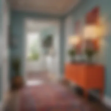 Vibrant Accents and Storage in Entryway Welcoming entryway with vibrant color accents and practical storage solutions