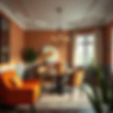 Stylish Dining Area with Warm Color Blend A stylish dining area featuring a blend of warm colors