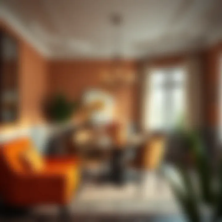 Stylish Dining Area with Warm Color Blend A stylish dining area featuring a blend of warm colors