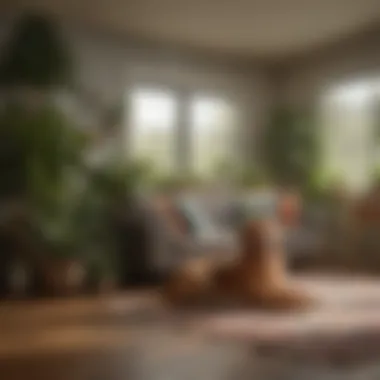 A cozy living space with plants safely out of reach of a dog