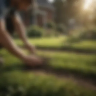 A gardener applying seeds to a bare patch in the lawn