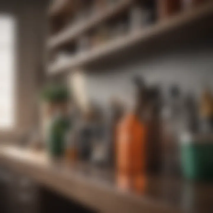 Natural cleaning supplies arranged neatly on a kitchen shelf