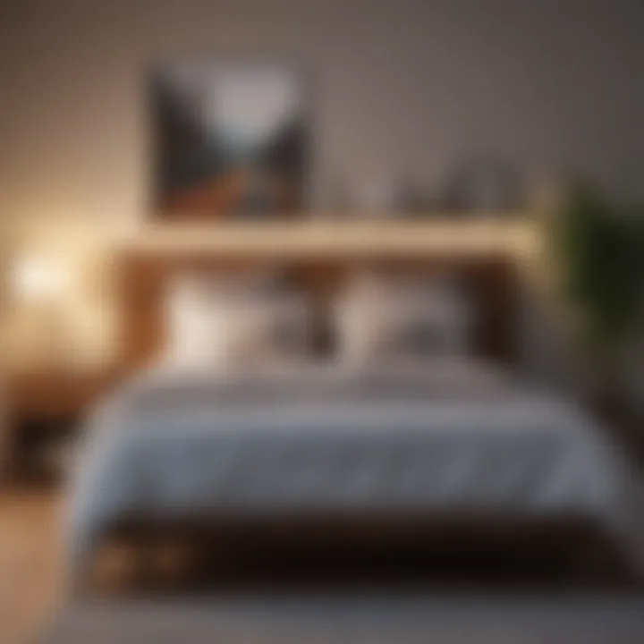 Bed styled with a unique wall art piece