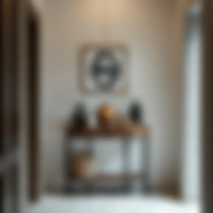 Stylish narrow table with decorative items in a modern hallway