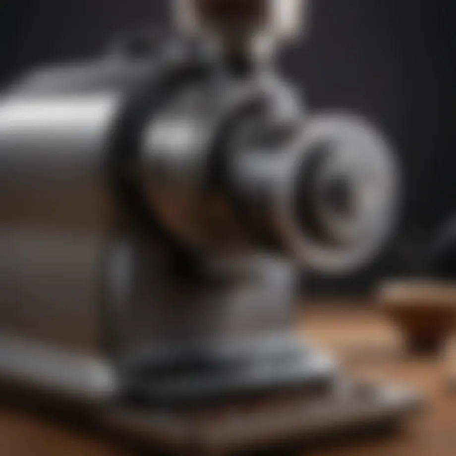 A close-up of a high-end electric coffee grinder showcasing its sleek design and precision components.