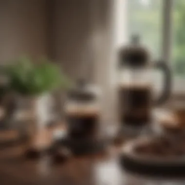 Artistic Representation of Coffee Grounds Artistic portrayal of coffee grounds and a French press