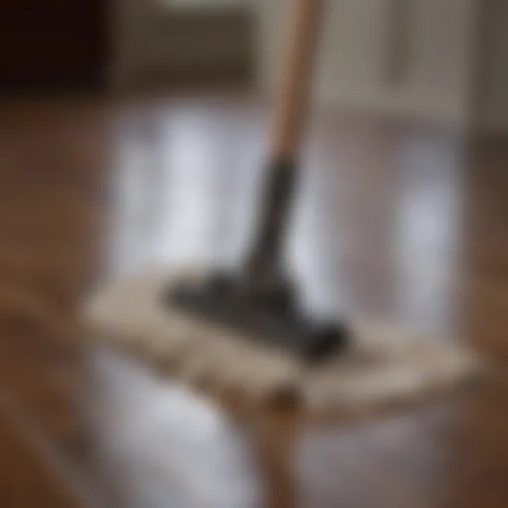 A close-up of a mop in action on a hardwood surface