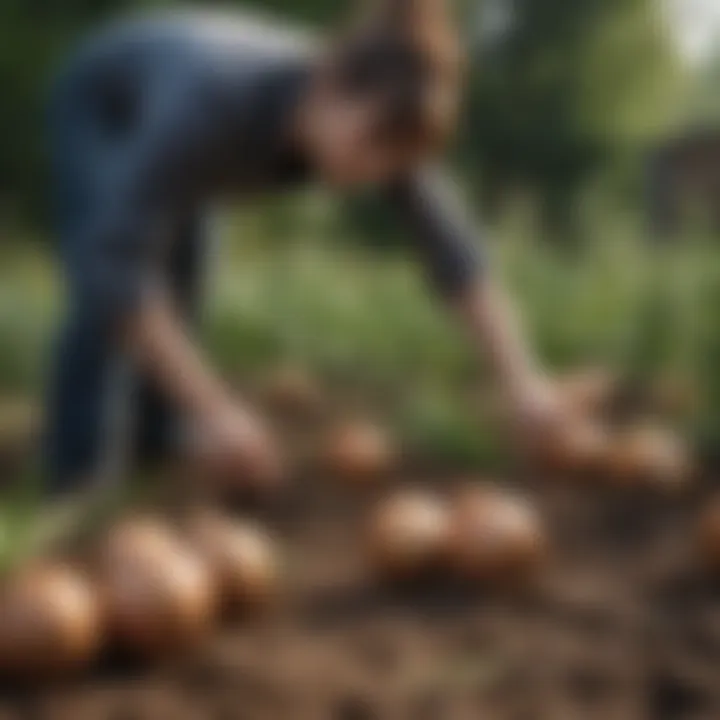 A gardener tending to growing onions with care.