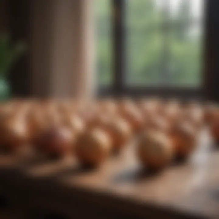 A variety of onion sets displayed on a wooden table.