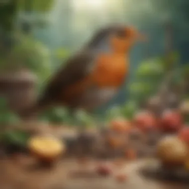 An illustration of a robin interacting with various food sources