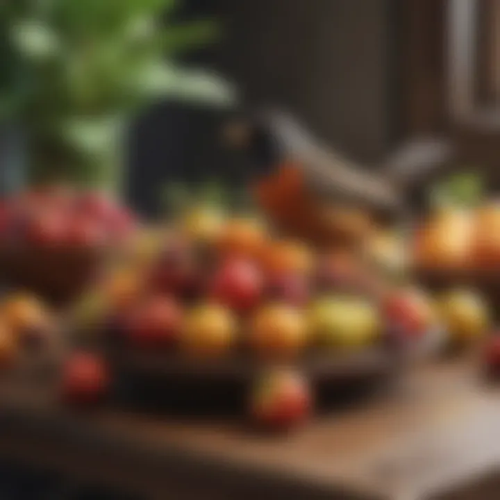 A variety of fruits preferred by robins displayed on a wooden table