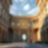 An intricate illustration showcasing the golden ratio spiral overlaying a classical architectural structure.