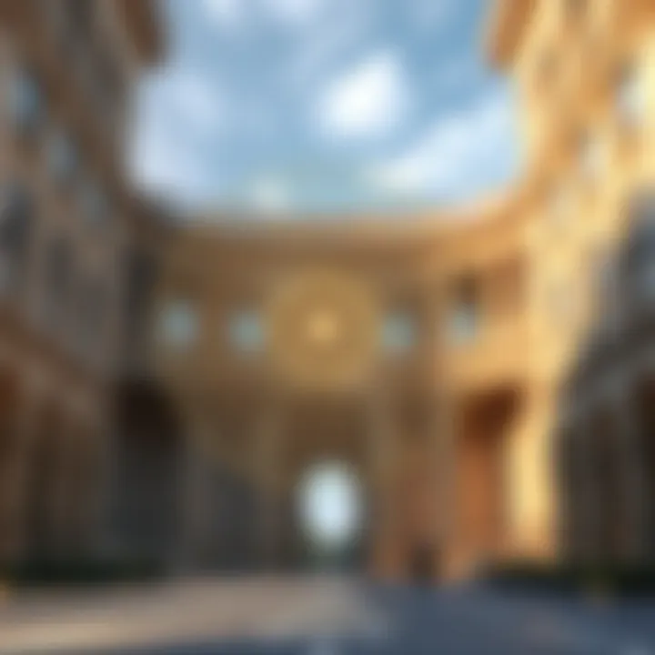 The Golden Ratio in Architecture An intricate illustration showcasing the golden ratio spiral overlaying a classical architectural structure.