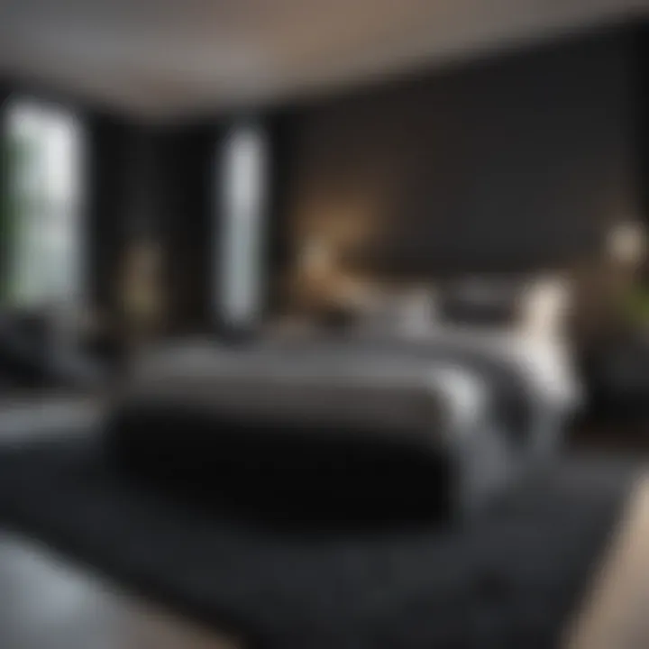 Stylish bedroom showcasing black carpet and decor