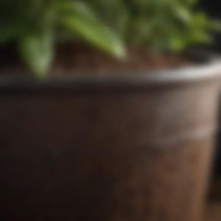 A close-up view of healthy soil in a large pot, demonstrating rich texture and moisture retention.