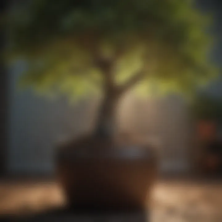 A vibrant young tree thriving in a large pot showcasing robust root development.