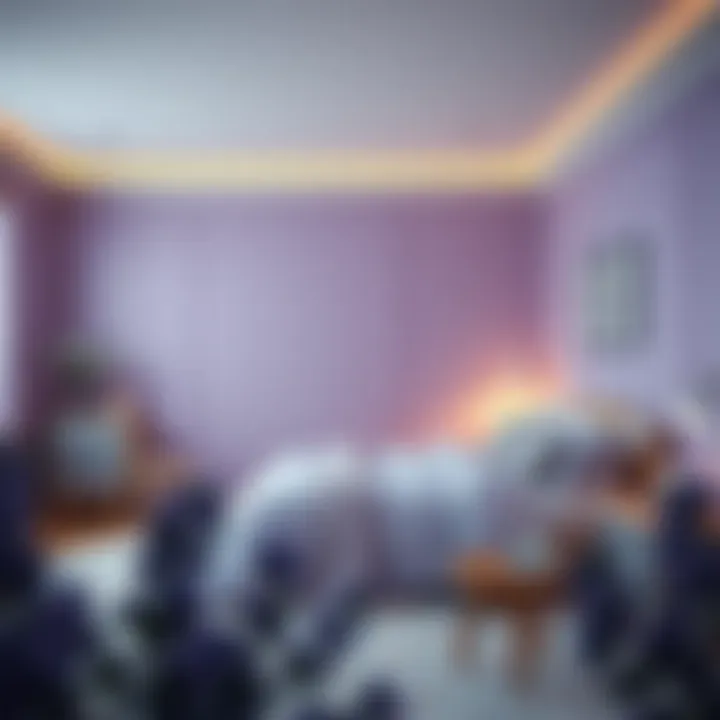 A Cozy Lavender Sleeping Space Soft lavender bedroom with ambient lighting