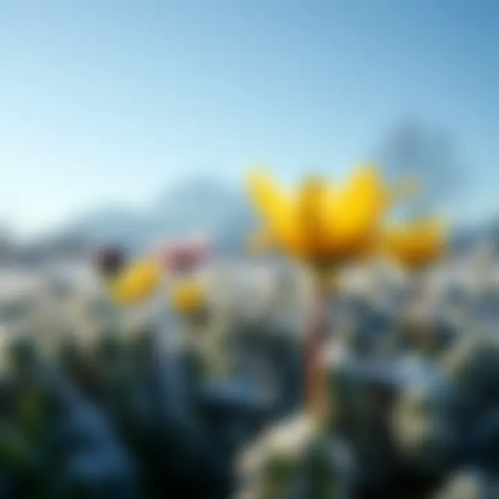 A picturesque landscape featuring winter flowers under a clear blue sky