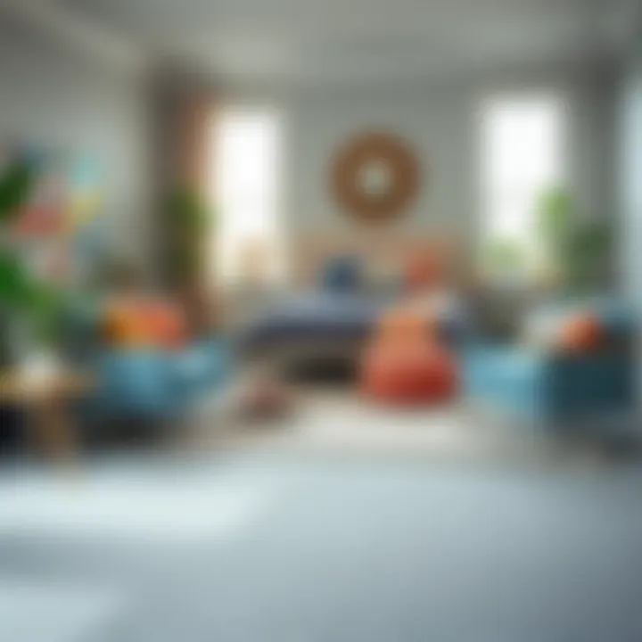 Color Coordination with Light Gray Carpets A light gray carpet coordinated with colorful furniture and decor