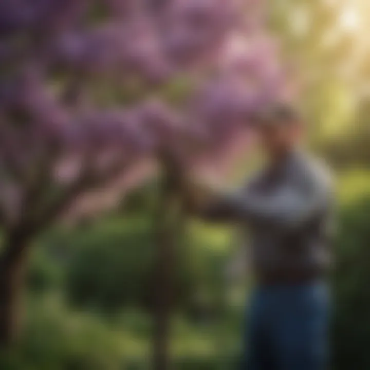 A professional gardener expertly pruning a lilac tree