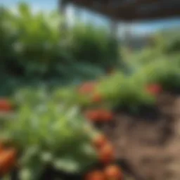 A vibrant garden showcasing various vegetables at different growth stages under a clear blue sky.