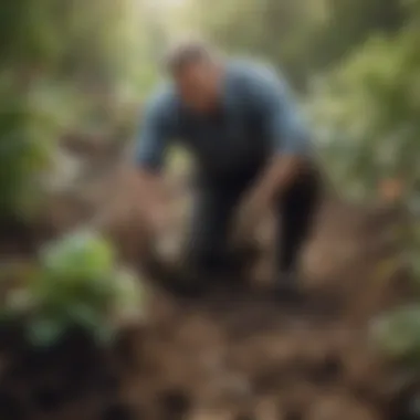 Expert Gardener Examining Soil Conditions An expert gardener examining soil conditions and moisture levels in a plot designated for vegetable planting.