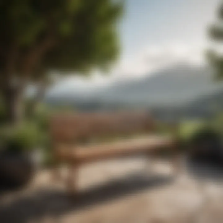 Stylish teak bench against a scenic backdrop