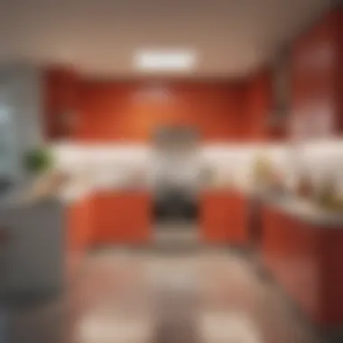Vibrant Color Palette and Lighting in U-Shaped Kitchen A vibrant color palette and lighting design that highlights the aesthetic appeal of the remodeled U-shaped kitchen
